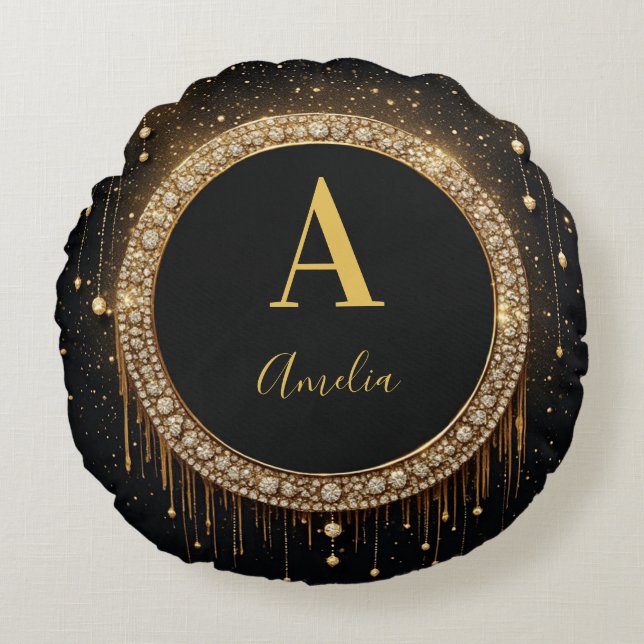 Custom Name Black Glitter Monogram Letter Round Cushion (Front)