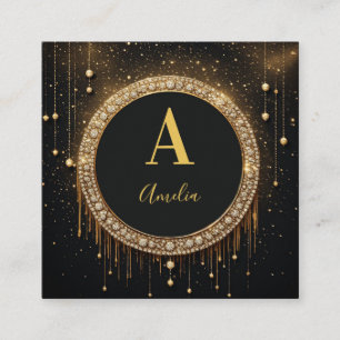 Custom Name Black Glitter Monogram Letter Square Business Card