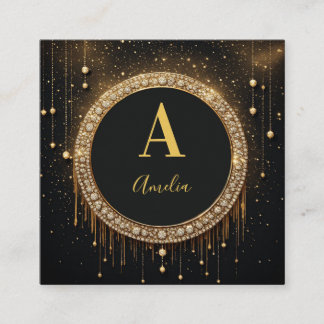 Custom Name Black Glitter Monogram Letter Square Business Card