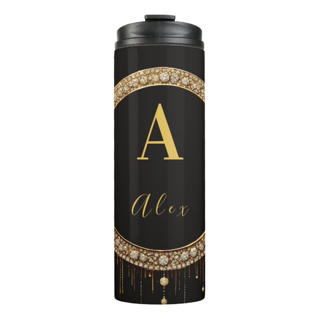 Custom Name Black Glitter Monogram Letter Thermal Tumbler (Front)