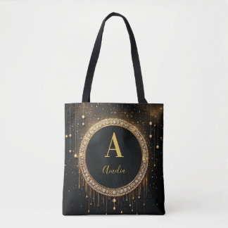 Custom Name Black Glitter Monogram Letter Tote Bag