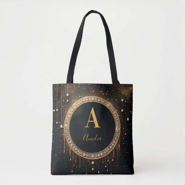 Custom Name Black Glitter Monogram Letter Tote Bag (Front)