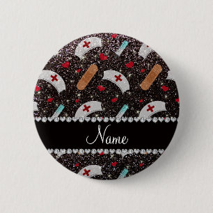 Custom name black glitter nurse hats heart 6 cm round badge