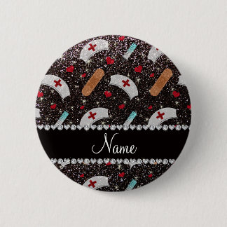 Custom name black glitter nurse hats heart 6 cm round badge