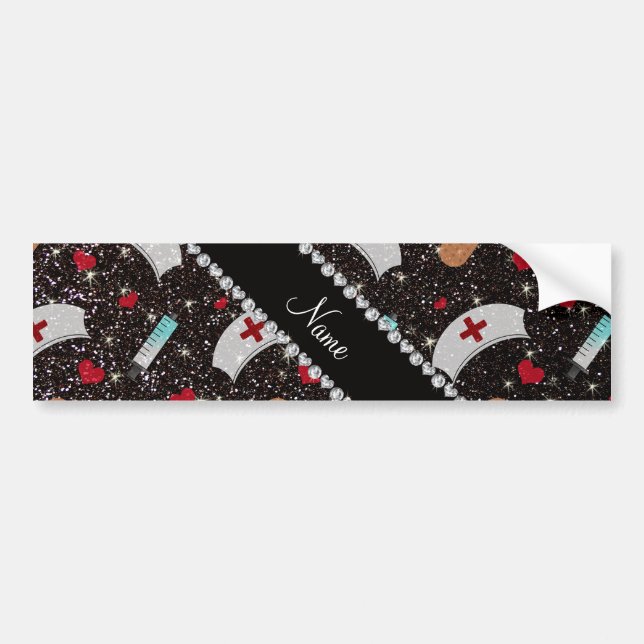Custom name black glitter nurse hats heart bumper sticker (Front)