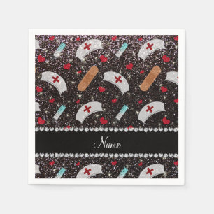 Custom name black glitter nurse hats heart napkin