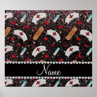 Custom name black glitter nurse hats heart poster