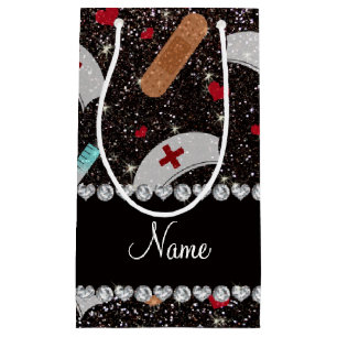 Custom name black glitter nurse hats heart small gift bag
