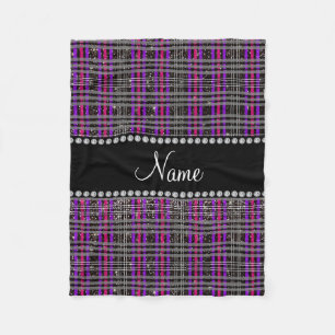 Custom name black glitter pink purple plaid fleece blanket