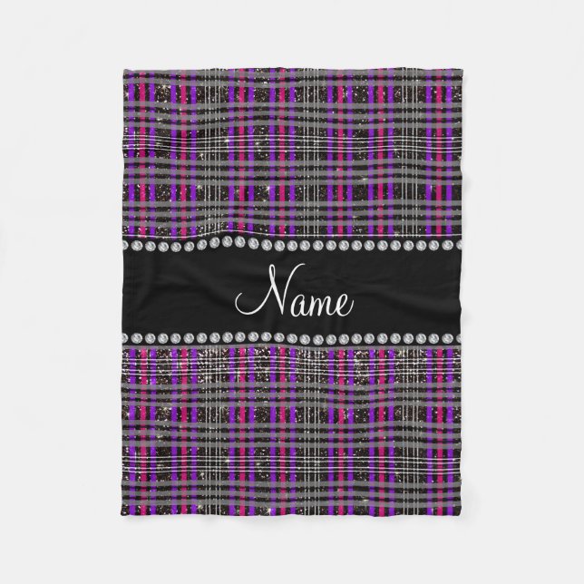 Custom name black glitter pink purple plaid fleece blanket (Front)
