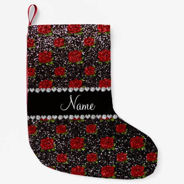 Custom name black glitter roses small christmas stocking (Front)