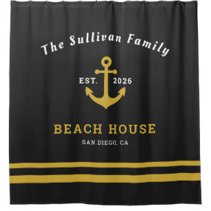 Custom Name Black Gold Anchor Beach House Shower Curtain