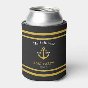 Custom Name Black Gold Anchor Boat Party Reunion Can Cooler