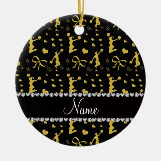 Custom name black gold cheerleading bows hearts ceramic tree decoration (Front)