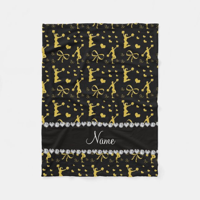 Custom name black gold cheerleading bows hearts fleece blanket (Front)