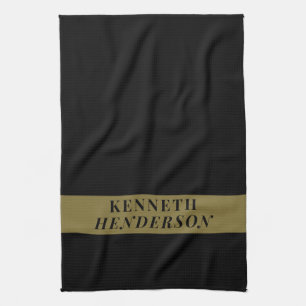 Custom Name Black Gold Modern Minimalist Men Chef Tea Towel