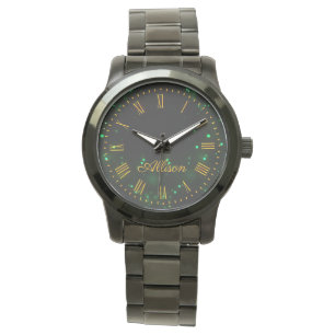 Custom Name Black Green Bokeh Lights Elegant Watch