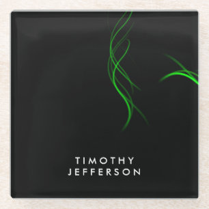 Custom Name Black Green Curves Elegant Modern Glass Coaster