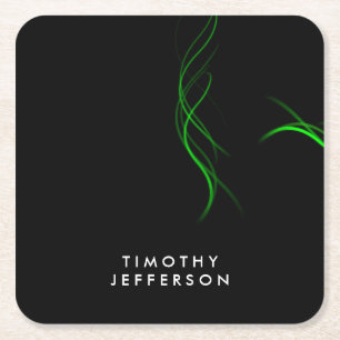 Custom Name Black Green Curves Elegant Modern Square Paper Coaster