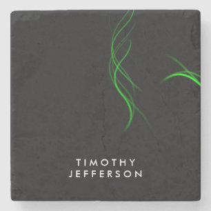 Custom Name Black Green Curves Elegant Modern Stone Coaster