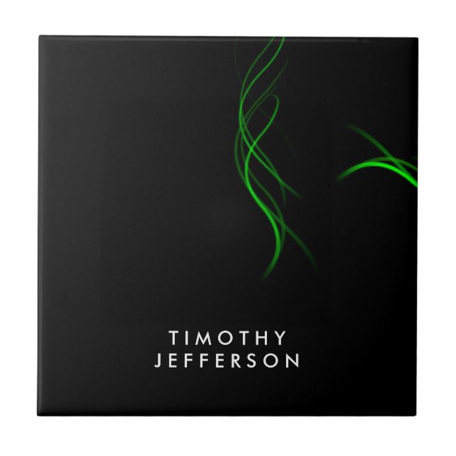 Custom Name Black Green Curves Elegant Modern Tile (Front)