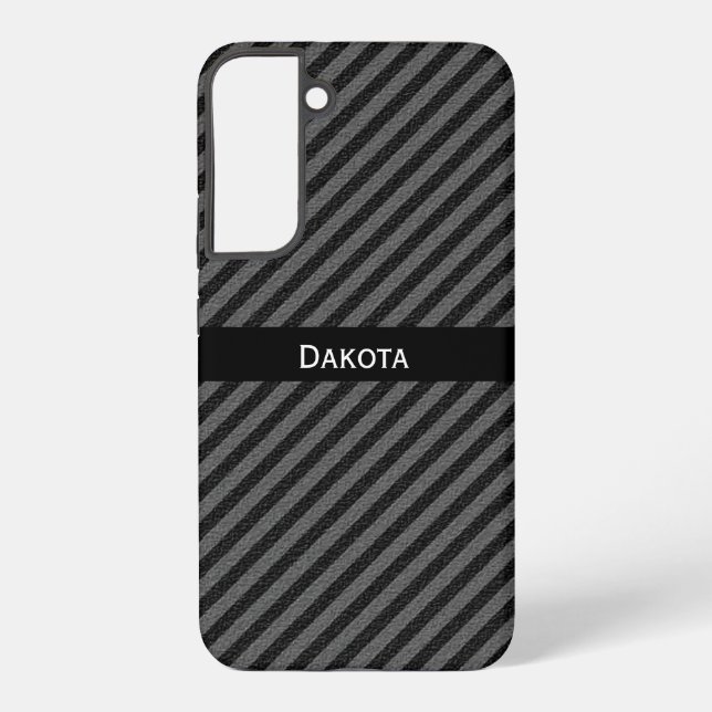 Custom Name Black & Grey Textured Diagonal Stripes Samsung Galaxy S22+ Case (Back)