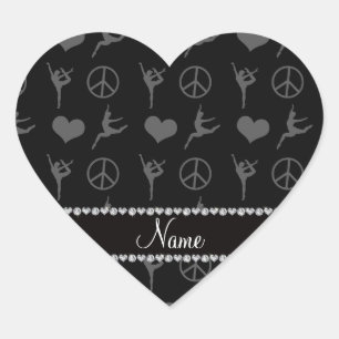 Custom name black gymnastics hearts peace sign heart sticker