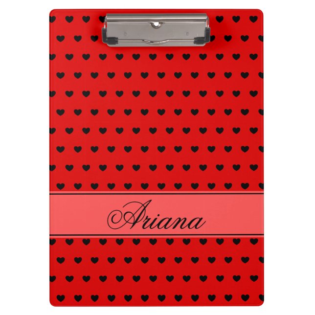 Custom Name, Black Hearts Pattern on Red Clipboard (Front)