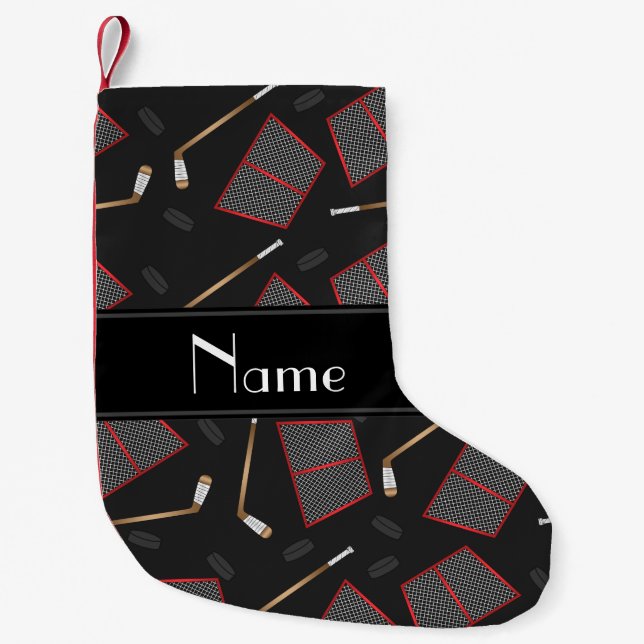 Custom name black hockey sticks pucks nets small christmas stocking (Front)