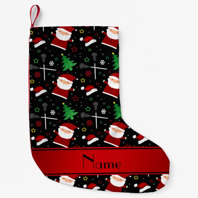 Custom name black lacrosse christmas pattern small christmas stocking (Front)