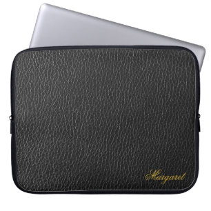 Custom Name Black Leather Texture Laptop Sleeve