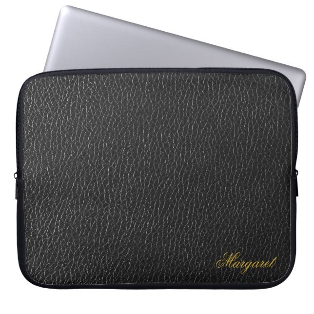 Custom Name Black Leather Texture Laptop Sleeve (Front)