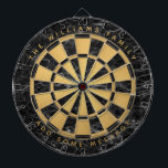 Custom Name Black Marble Faux Gold Foil Elegant  D Dartboard<br><div class="desc">A classic dartboard design with alternating  black marble and faux gold foil triangles. 

Above and below there are the name and a message as arched text,  in golden caps.</div>