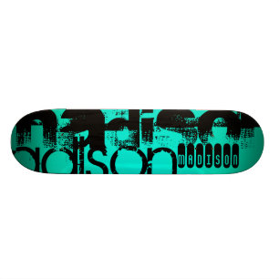 Custom Name; Black & Neon Aqua Turquoise Skateboard