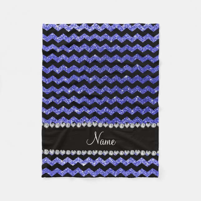 Custom name black neon blue glitter chevrons fleece blanket (Front)
