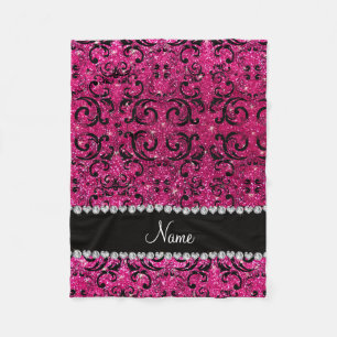 Custom name black neon hot pink glitter damask fleece blanket