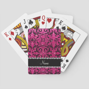 Custom name black neon hot pink glitter damask playing cards