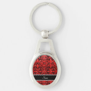 Custom name black neon red glitter damask key ring