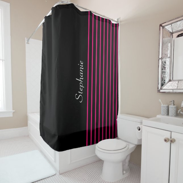 Custom Name Black Pink Stripes Patterns Cute Girly Shower Curtain (In Situ)