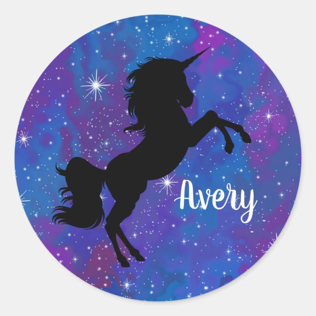 Custom Name Black/Purple Galaxy Unicorn Sticker (Front)