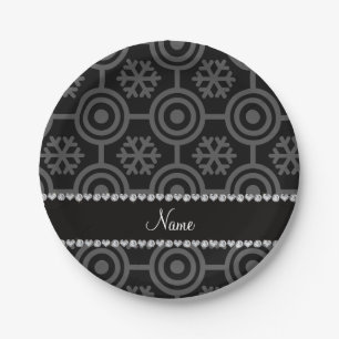 Custom name black retro snowflakes paper plate