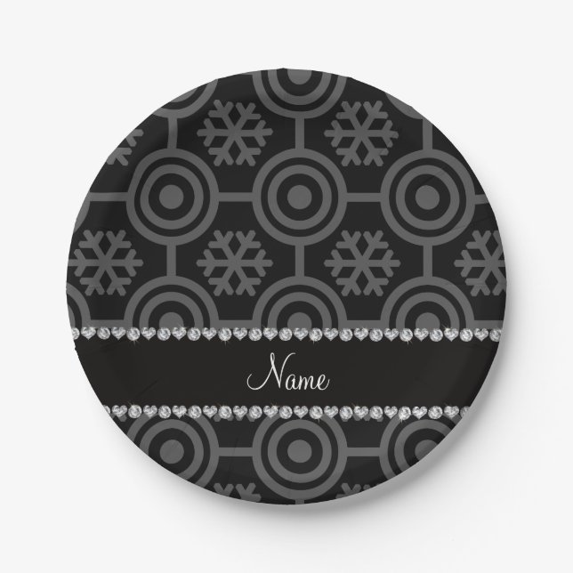 Custom name black retro snowflakes paper plate (Front)