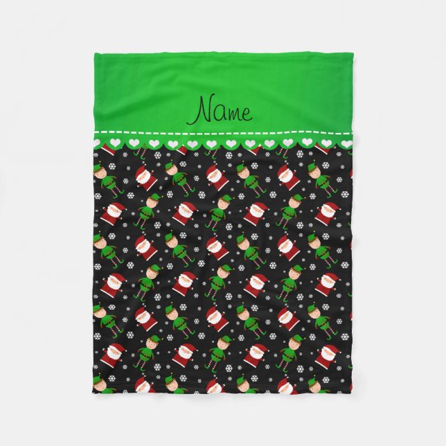 Custom name black santa elves snowflakes fleece blanket (Front)