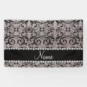 Custom name black silver glitter damask banner