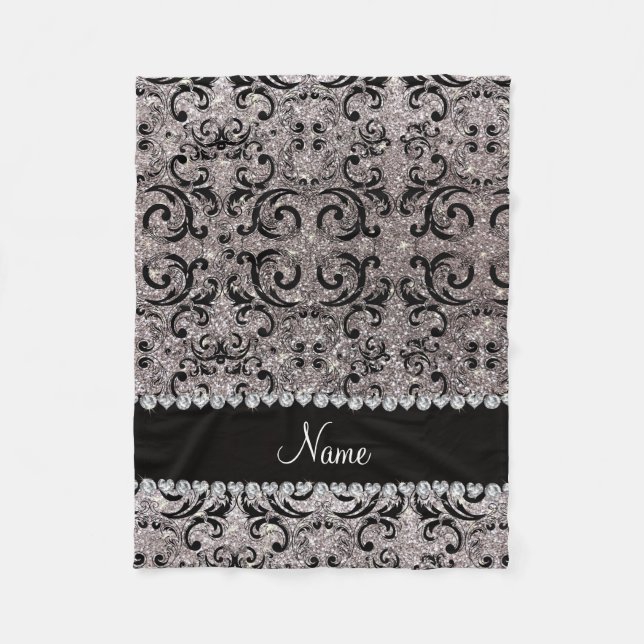 Custom name black silver glitter damask fleece blanket (Front)
