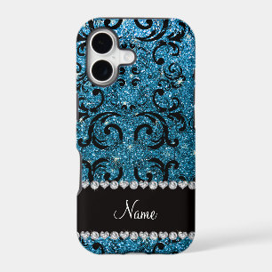 Custom name black sky blue glitter damask