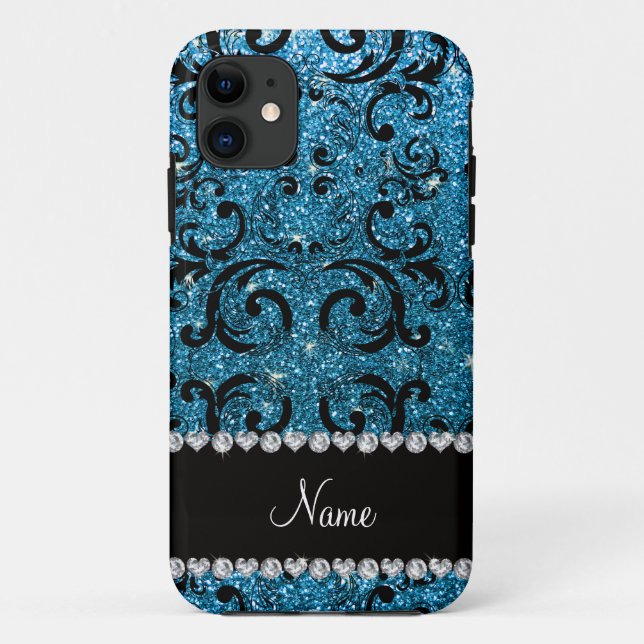 Custom name black sky blue glitter damask Case-Mate iPhone case (Back)