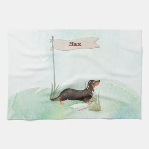 Custom Name Black & Tan Dachshund Pet Dog Tea Towel