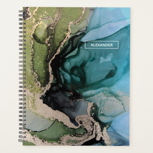 Custom Name Black Teal Green Gold Abstract Art Planner (Front)