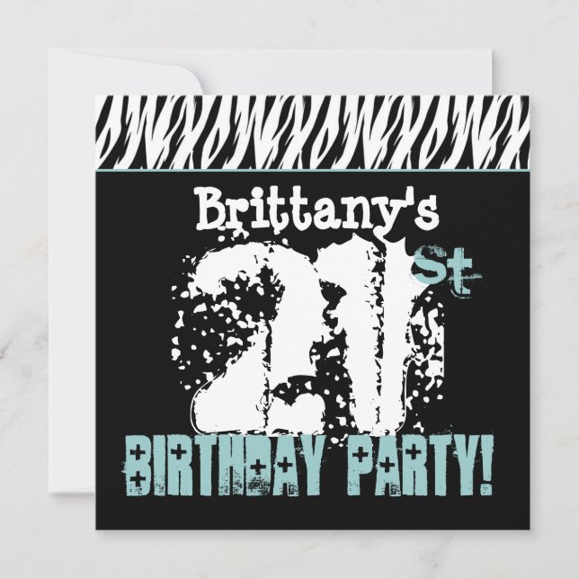 Custom Name Black White Aqua Zebra 21st Birthday Invitation (Front)